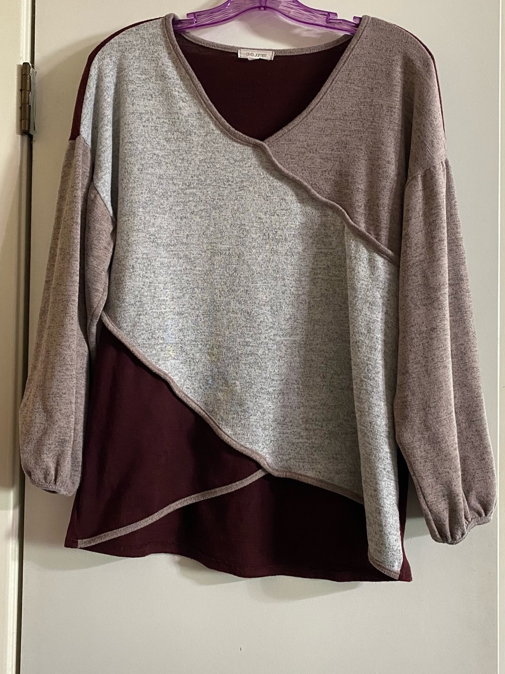 Eva James Cozy Two-Tone V-Neck Layered Sweater - Burgundy & Light Gray